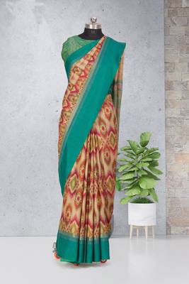 Multicolor printed pochampally saree with blouse 1
