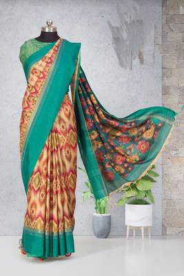 Multicolor printed pochampally saree with blouse 3