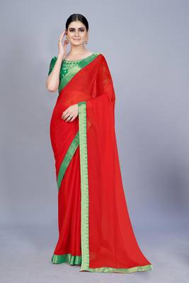 Red plain chiffon saree with blouse 1
