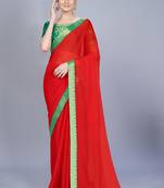 Red plain chiffon saree with blouse