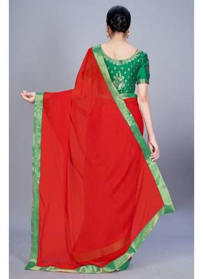 Red plain chiffon saree with blouse 2
