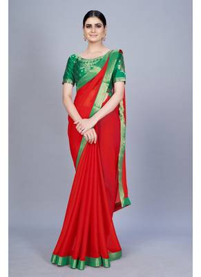 Red plain chiffon saree with blouse 3
