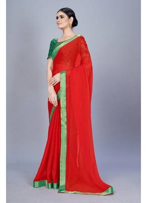 Red plain chiffon saree with blouse 4