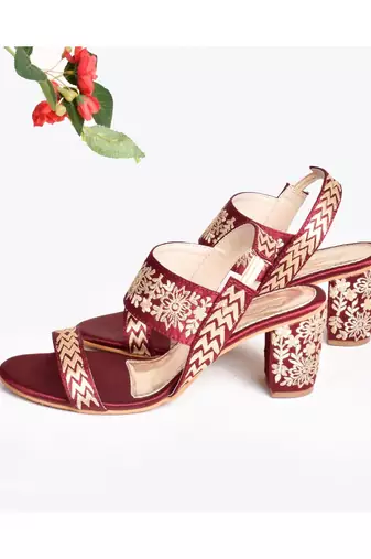Maroon & Gold Embroidered Heels