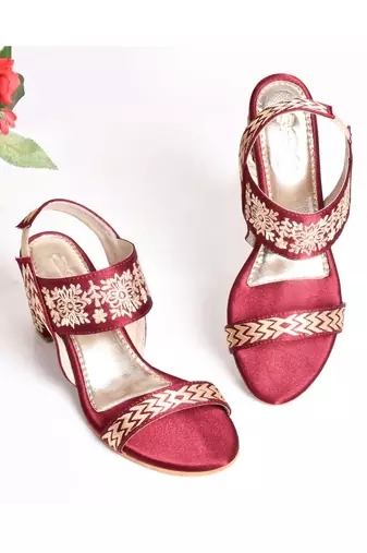 Maroon & Gold Embroidered Heels