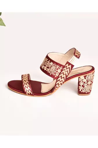 Maroon & Gold Embroidered Heels