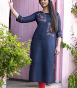 Navy blue embroidered cotton silk embroidered-kurtis