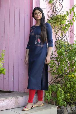 Navy blue embroidered cotton silk embroidered-kurtis 3