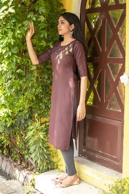 Dark brown embroidered cotton silk embroidered-kurtis 2