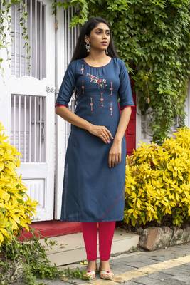 Teal embroidered cotton silk embroidered-kurtis 2