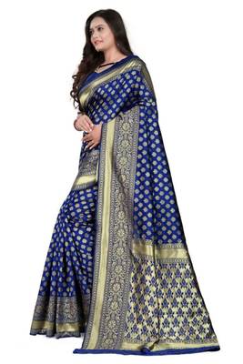 Blue printed art silk saree with blouse 3