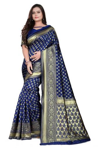 Blue printed art silk saree with blouse