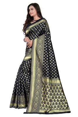 Black printed art silk saree with blouse 4