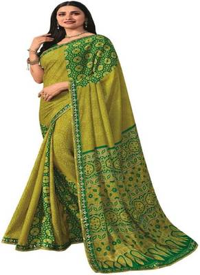 Olive printed chiffon saree with blouse 1