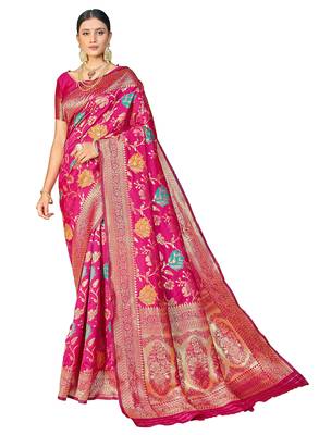 Pink woven banarasi saree with blouse 1