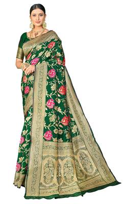 Dark green woven banarasi saree with blouse 1