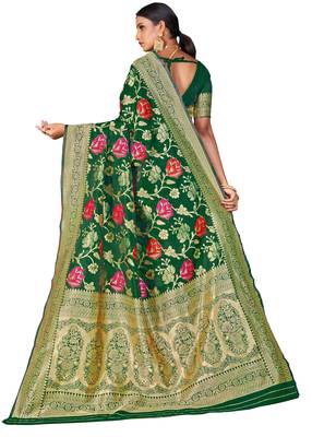 Dark green woven banarasi saree with blouse 2