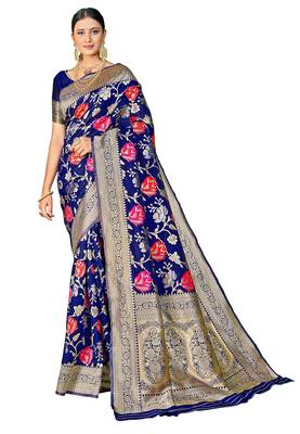 Navy blue woven banarasi saree with blouse 1