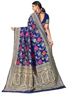 Navy blue woven banarasi saree with blouse 2