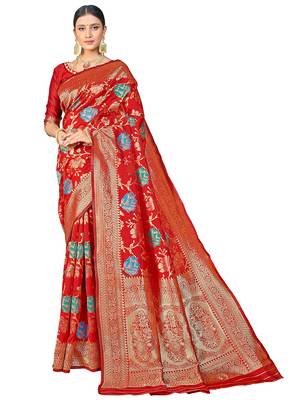 Red woven banarasi saree with blouse 1