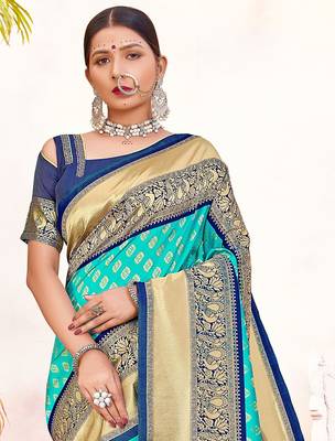 Turquoise woven silk blend saree with blouse 2