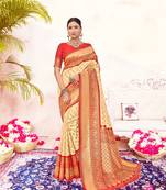 Light yellow woven silk blend saree with blouse