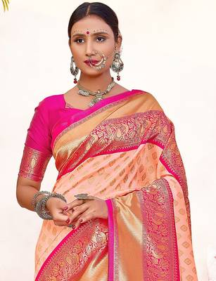 Pink woven silk blend saree with blouse 2