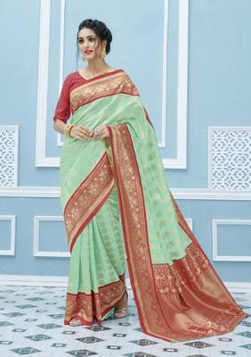 Aqua blue woven banarasi silk saree with blouse 1