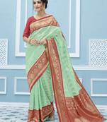 Aqua blue woven banarasi silk saree with blouse