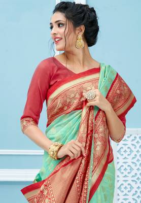 Aqua blue woven banarasi silk saree with blouse 2