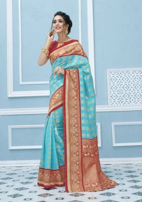 Aqua blue woven banarasi silk saree with blouse 1