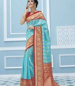 Aqua blue woven banarasi silk saree with blouse