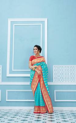Aqua blue woven banarasi silk saree with blouse 2