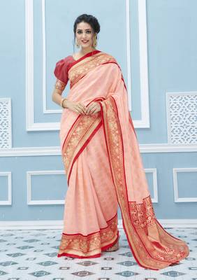 Peach woven banarasi silk saree with blouse 1