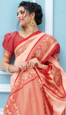 Peach woven banarasi silk saree with blouse 2