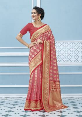 Peach woven banarasi silk saree with blouse 1
