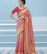 Peach woven banarasi silk saree with blouse