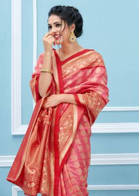 Peach woven banarasi silk saree with blouse 2