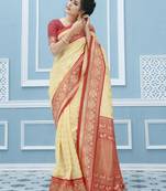Cream woven banarasi silk saree with blouse