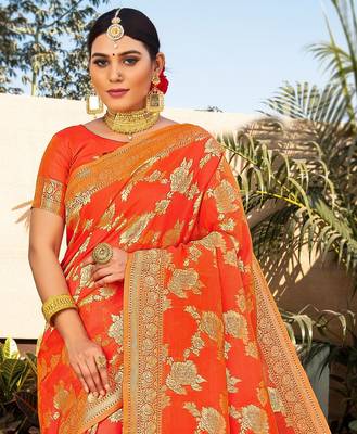 Dark orange woven silk blend saree with blouse 2
