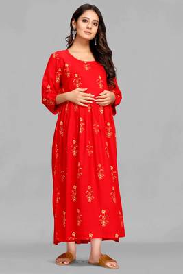 Red printed viscose rayon long-dresses 1