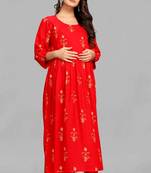 Red printed viscose rayon long-dresses