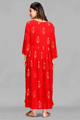 Red printed viscose rayon long-dresses 3