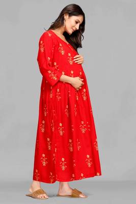 Red printed viscose rayon long-dresses 4