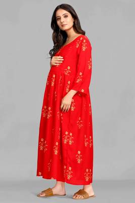 Red printed viscose rayon long-dresses 5