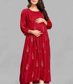 Maroon printed viscose rayon long-dresses
