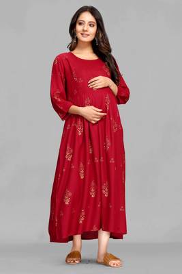 Maroon printed viscose rayon long-dresses 2
