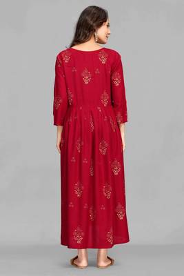 Maroon printed viscose rayon long-dresses 3