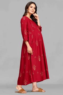 Maroon printed viscose rayon long-dresses 4