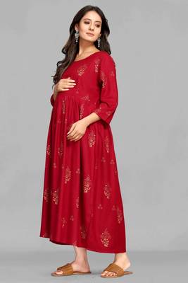 Maroon printed viscose rayon long-dresses 5